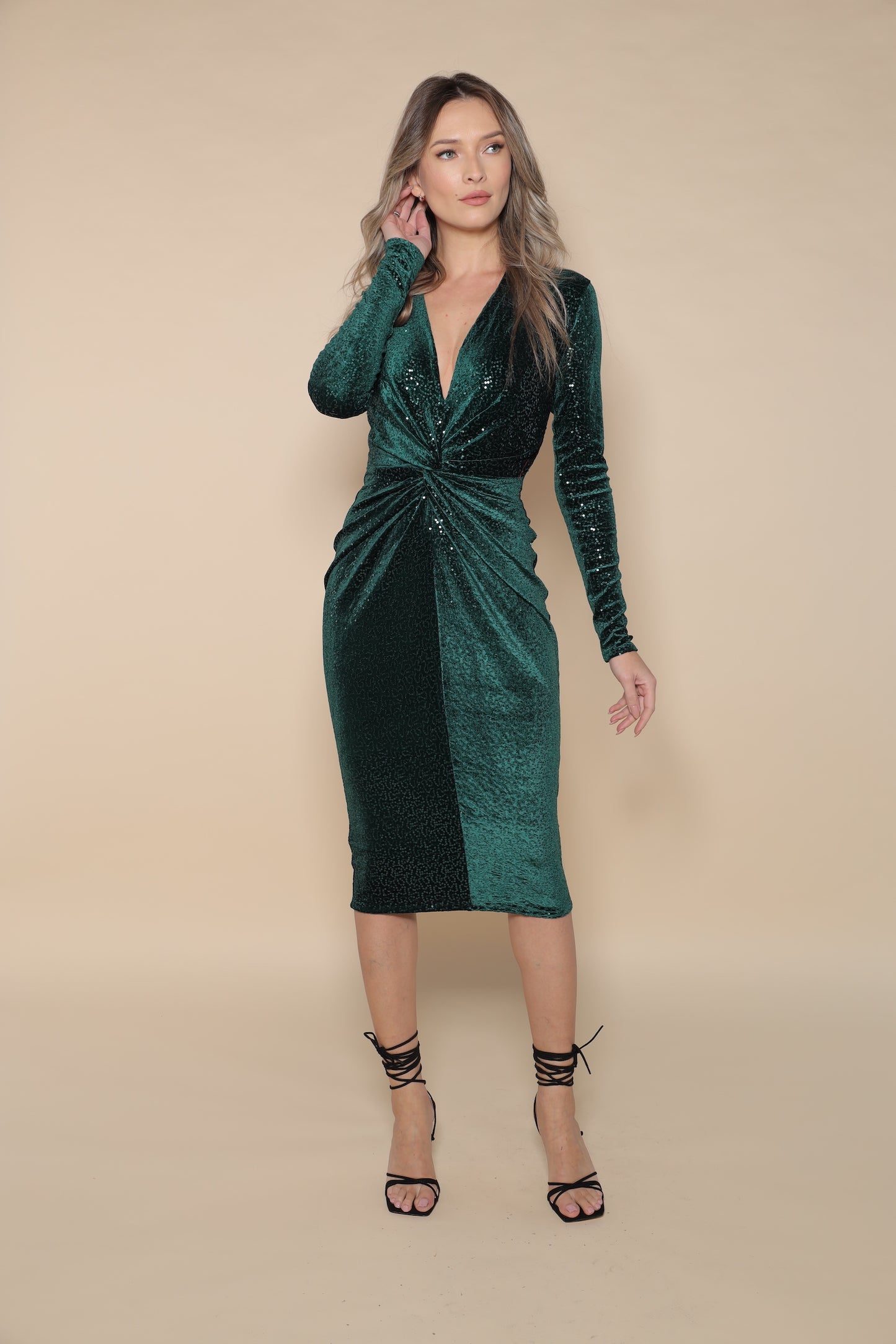 Rochie midi din catifea verde cu paiete Mallorca