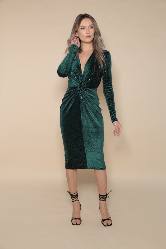 Rochie midi din catifea verde cu paiete Mallorca