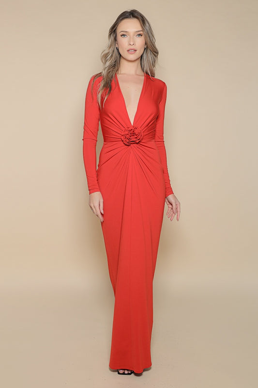 Rochie Mallorca maxi rosie din jerseu cu floare decorativa rosie