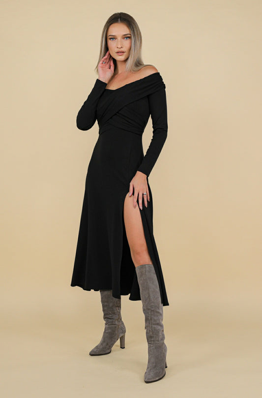 Rochie midi neagra cu crapatura Tuscany