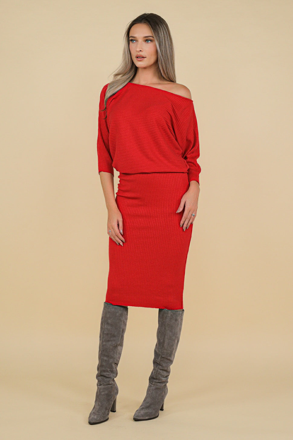 Rochie Queens rosie midi din jerseu ribbed