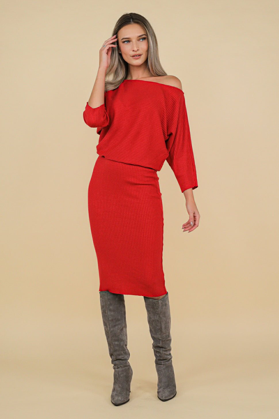 Rochie Queens rosie midi din jerseu ribbed