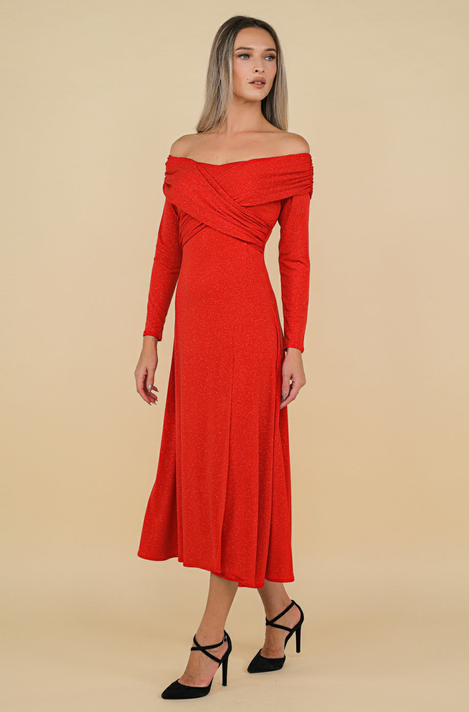 Rochie midi rosie cu crapatura Tuscany