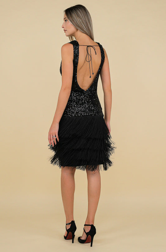 Rochie Gatsby midi neagra cu paiete si franjuri