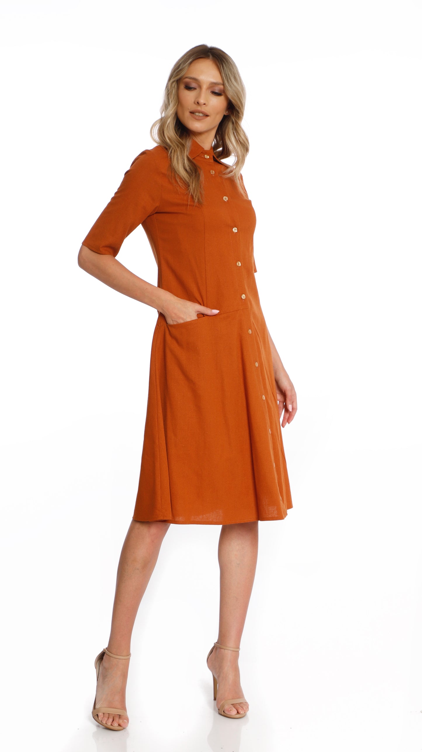 Rochie midi din in caramiziu