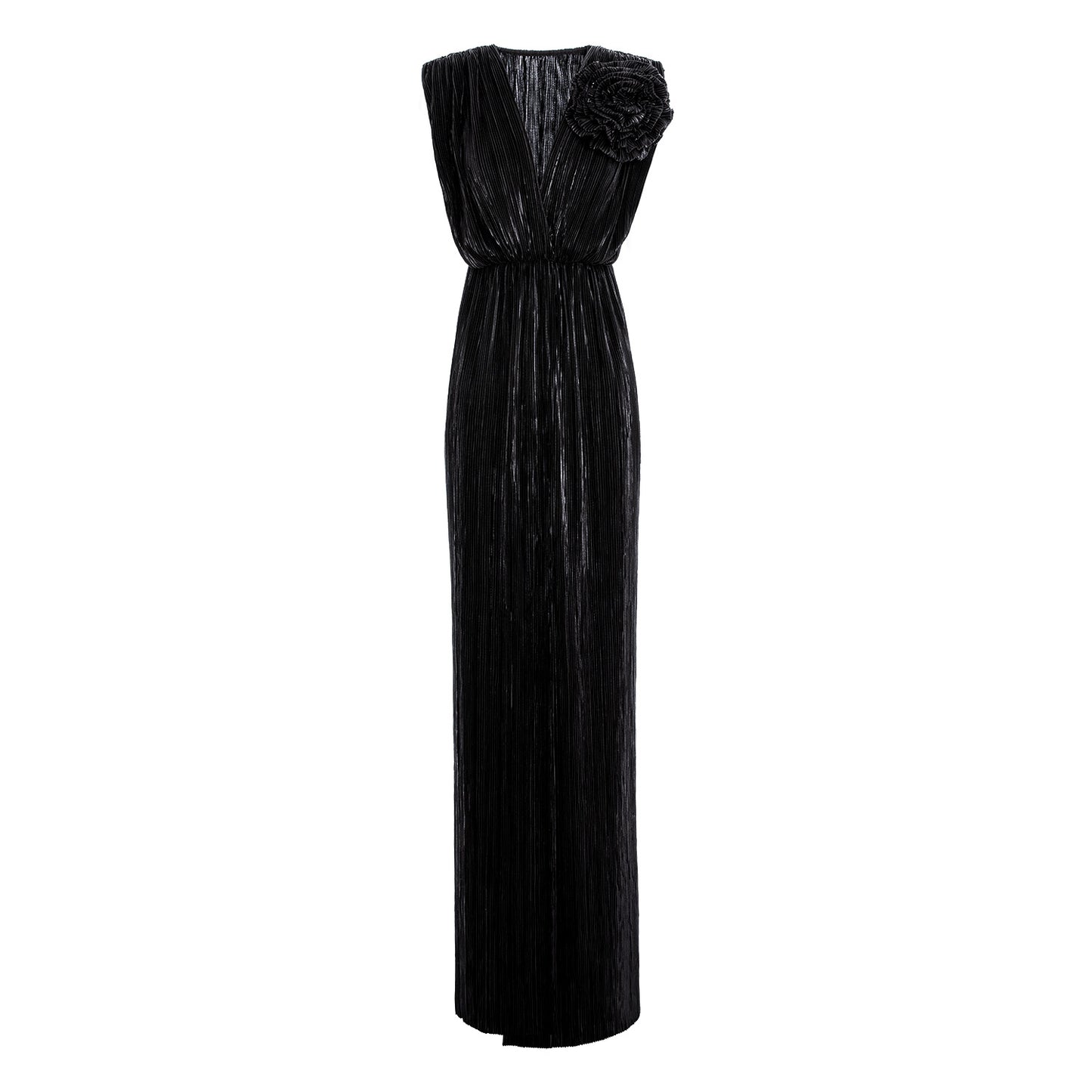 Rochie Sicily maxi neagra cu crapatura si floare aplicata