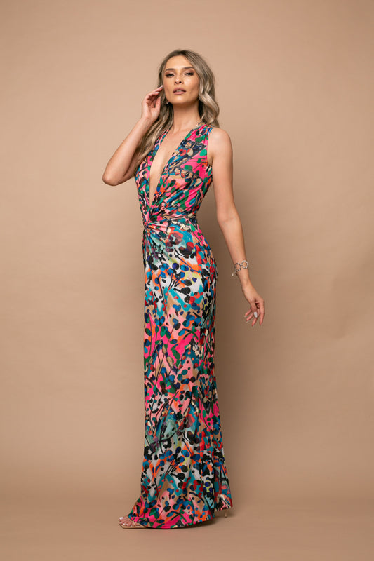 Rochie maxi fara maneci din jerseu Mallorca cu print Barcelona