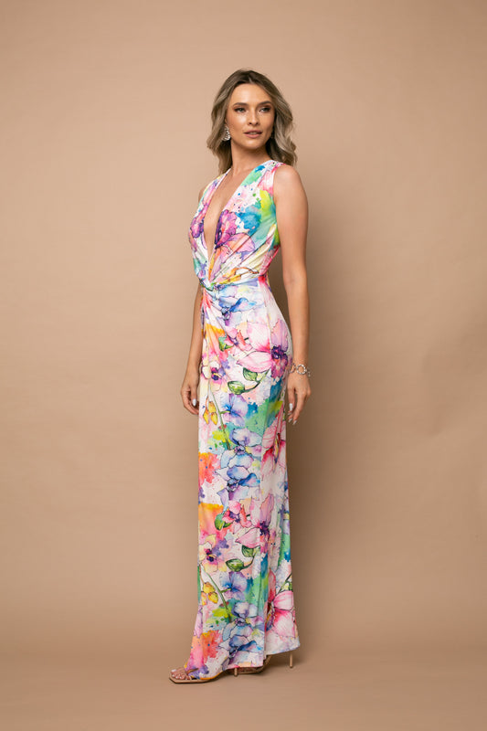 Rochie maxi fara maneci din jerseu Mallorca cu print Provence