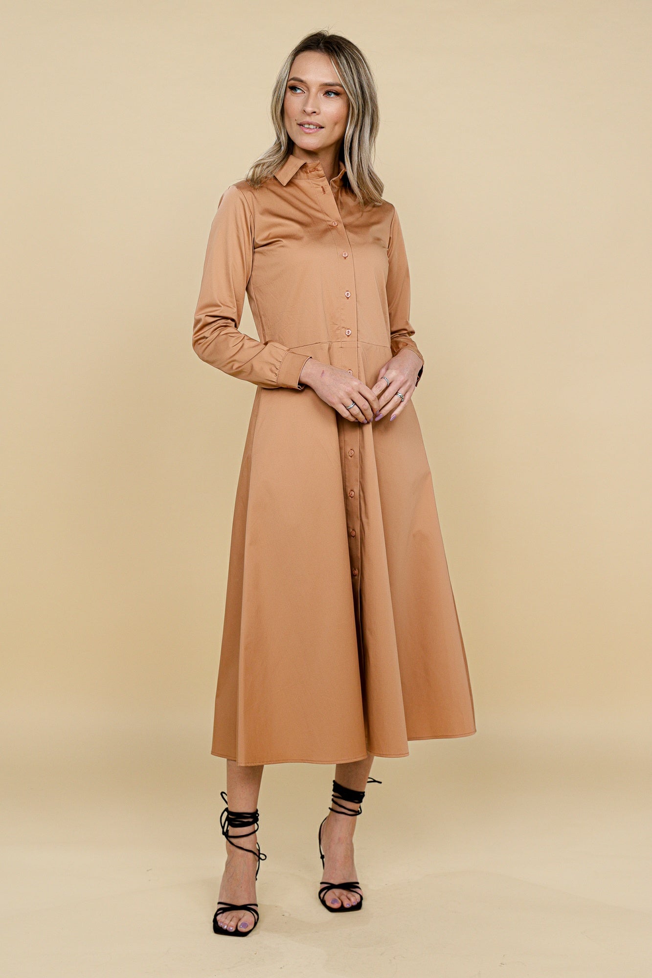 Rochie stil camasa din bumbac camel