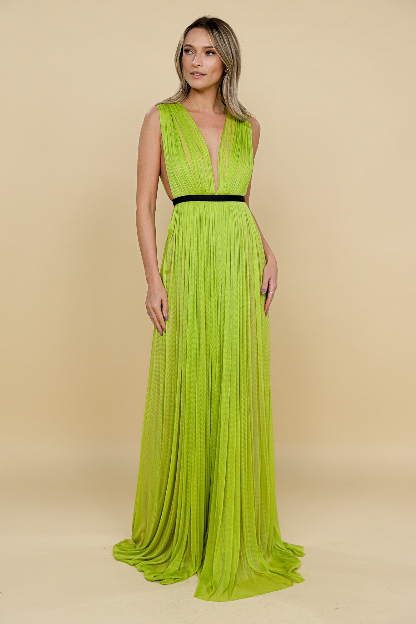 Rochie maxi lime din tulle din matase Santorini