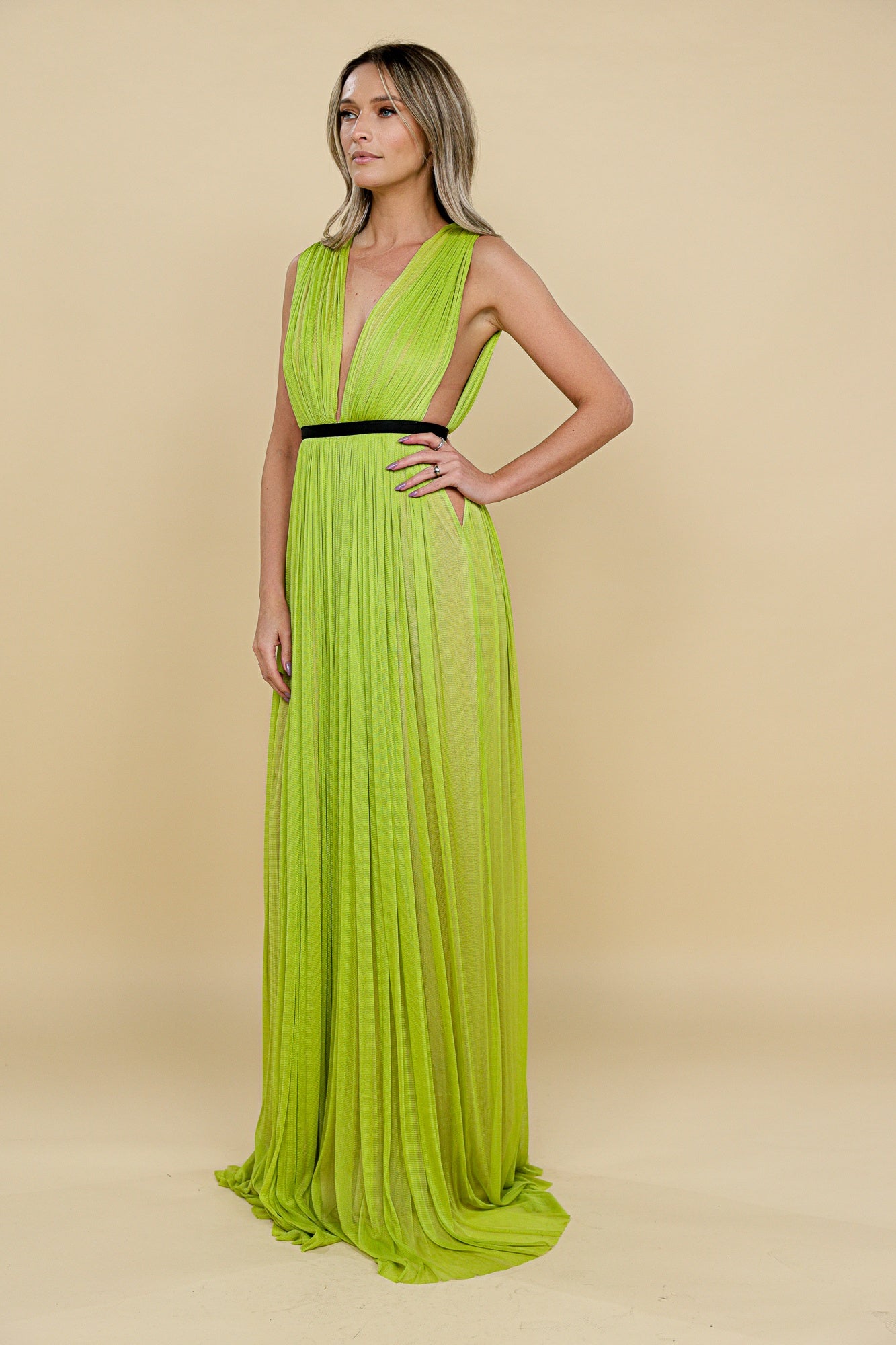 Rochie maxi lime din tulle din matase Santorini