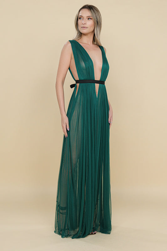 Rochie maxi verde inchis din tulle din matase Santorini