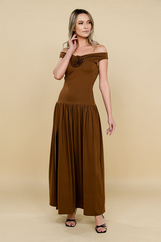 Rochie mocha Venice cu floare aplicata