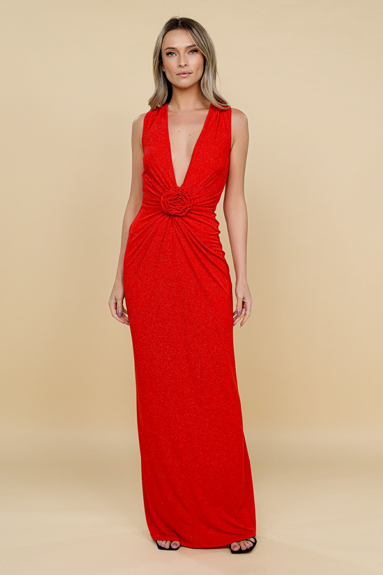 Rochie Mallorca rosie maxi fara maneci din jerseu lurex