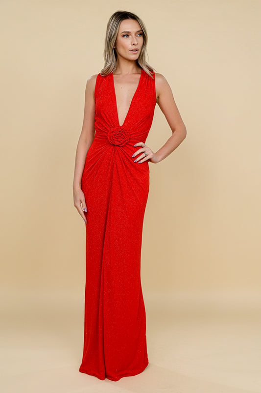 Rochie Mallorca rosie maxi fara maneci din jerseu lurex