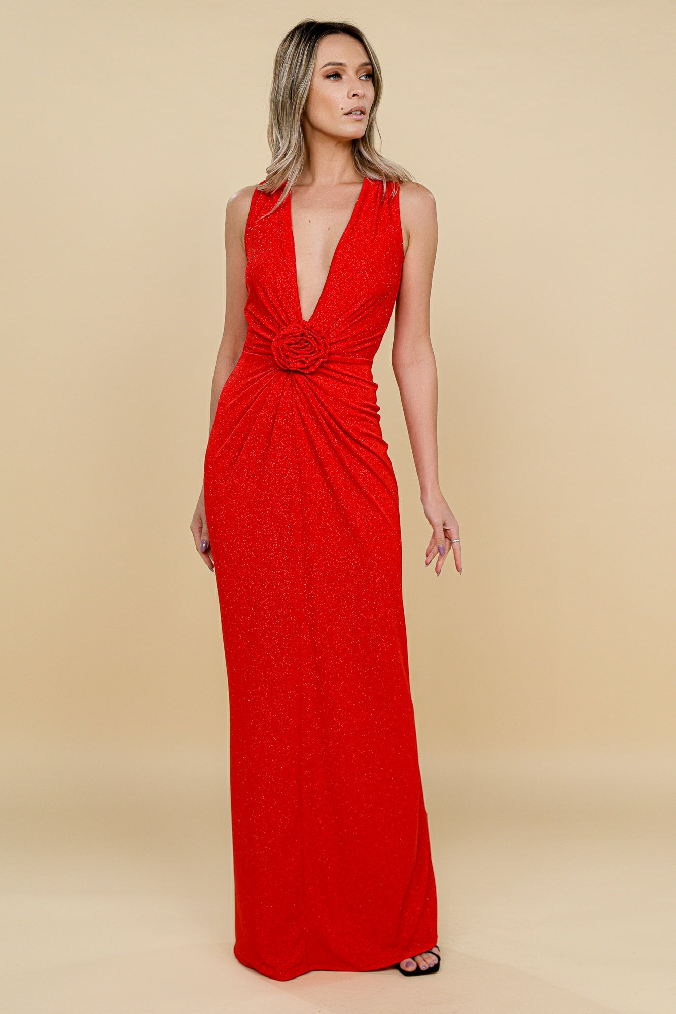 Rochie Mallorca rosie maxi fara maneci din jerseu lurex