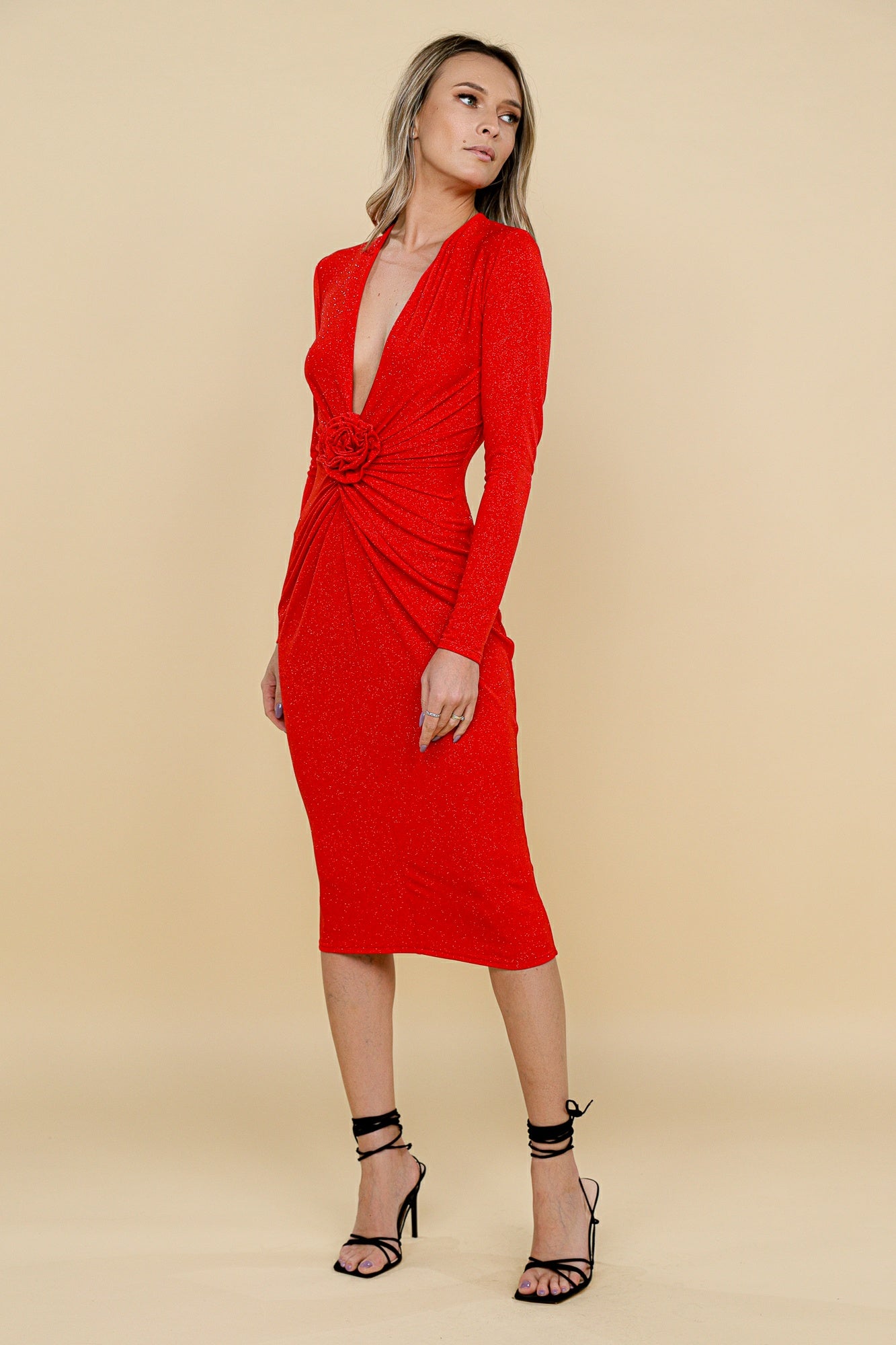 Rochie Mallorca midi rosie din jerseu lurex