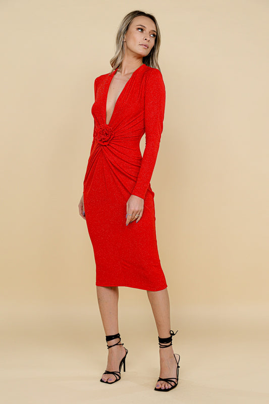 Rochie Mallorca midi rosie din jerseu lurex