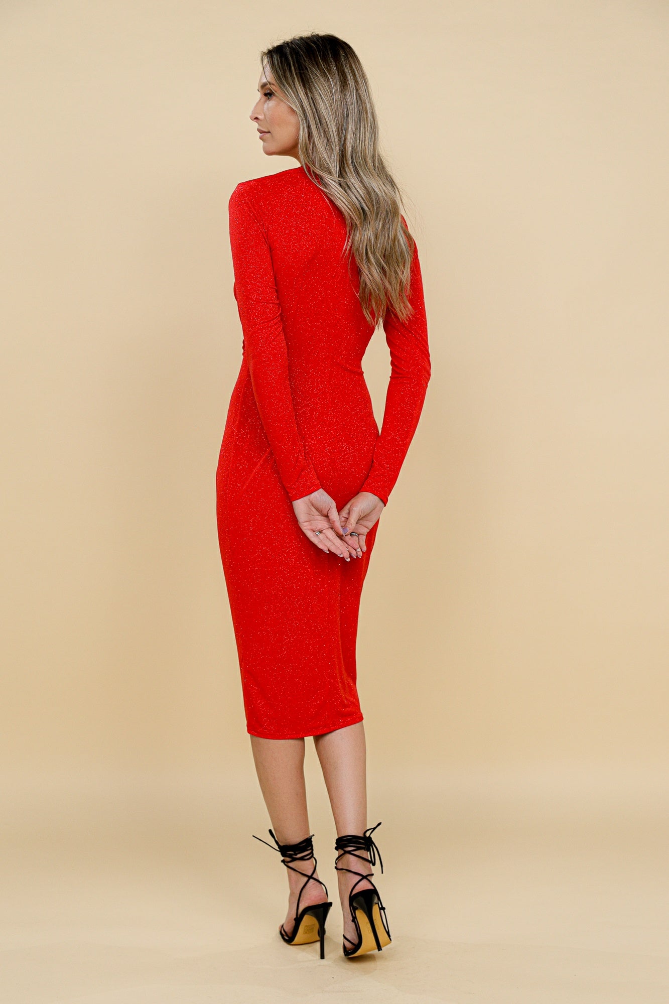 Rochie Mallorca midi rosie din jerseu lurex