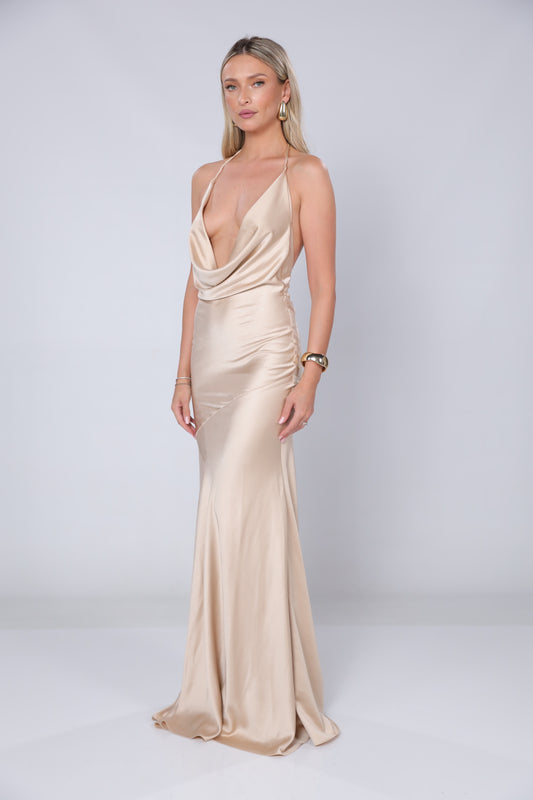Rochie maxi Ibiza din satin beige