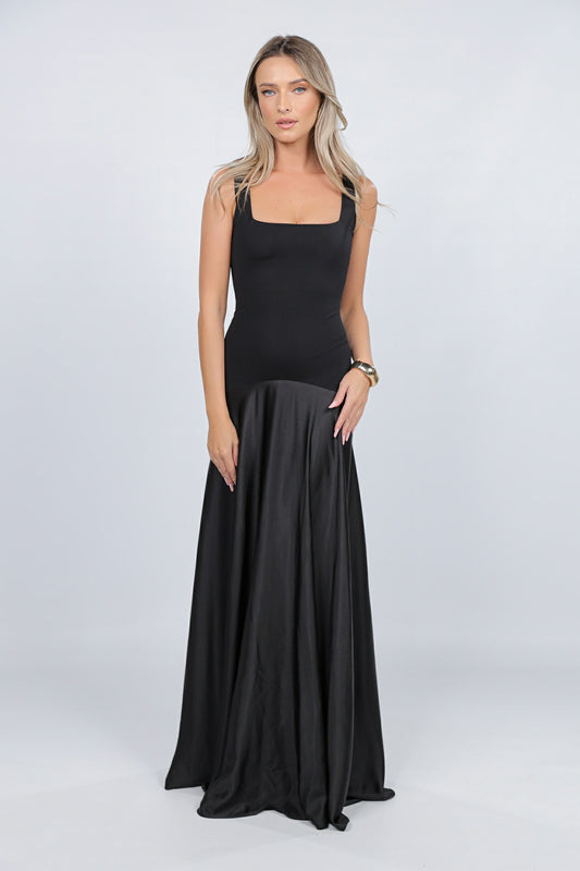 Rochie London maxi neagra din jerseu si satin