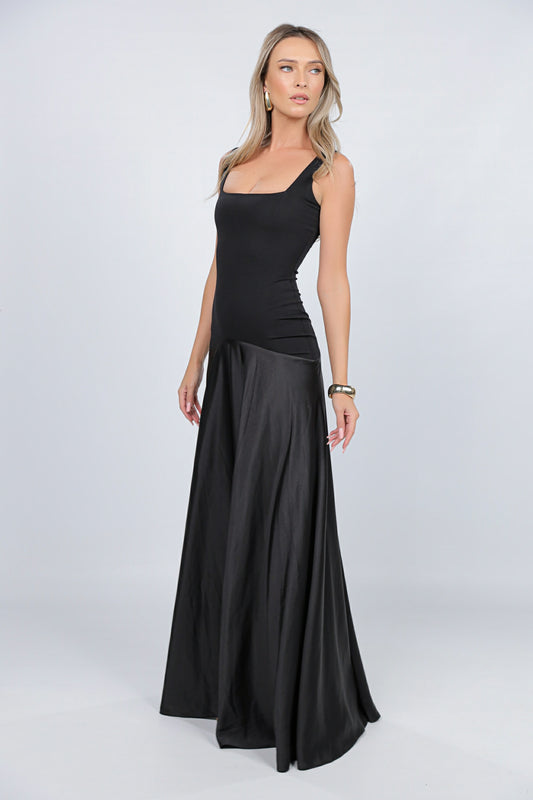 Rochie London maxi neagra din jerseu si satin
