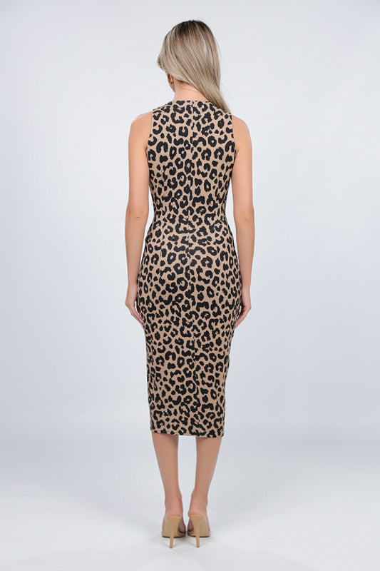 Rochie Mallorca midi fara maneci cu print leopard