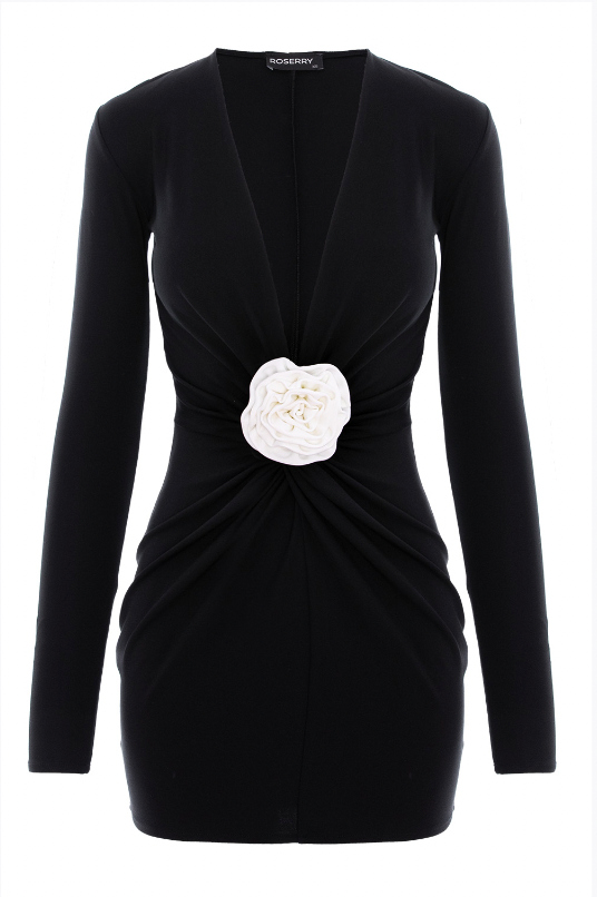 Rochie Mallorca mini neagra din jerseu cu floare alba decorativa