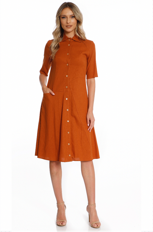 Rochie midi din in caramiziu