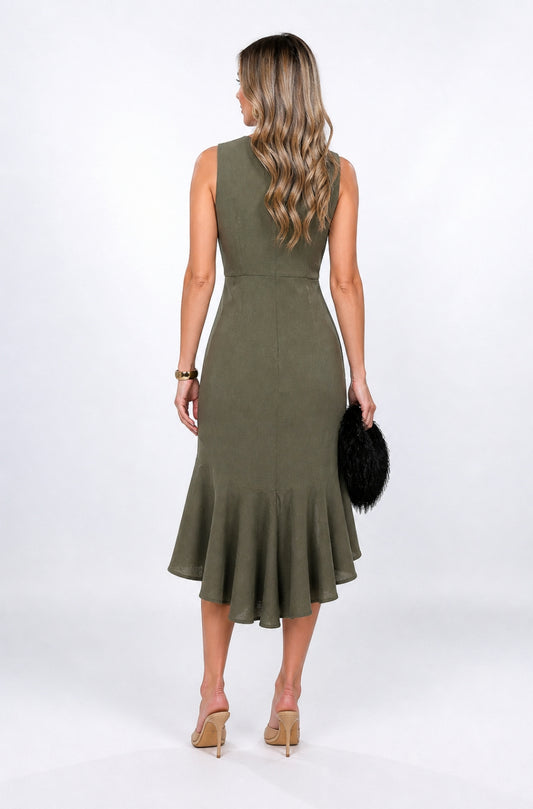 Rochie petrecuta cu volan khaki