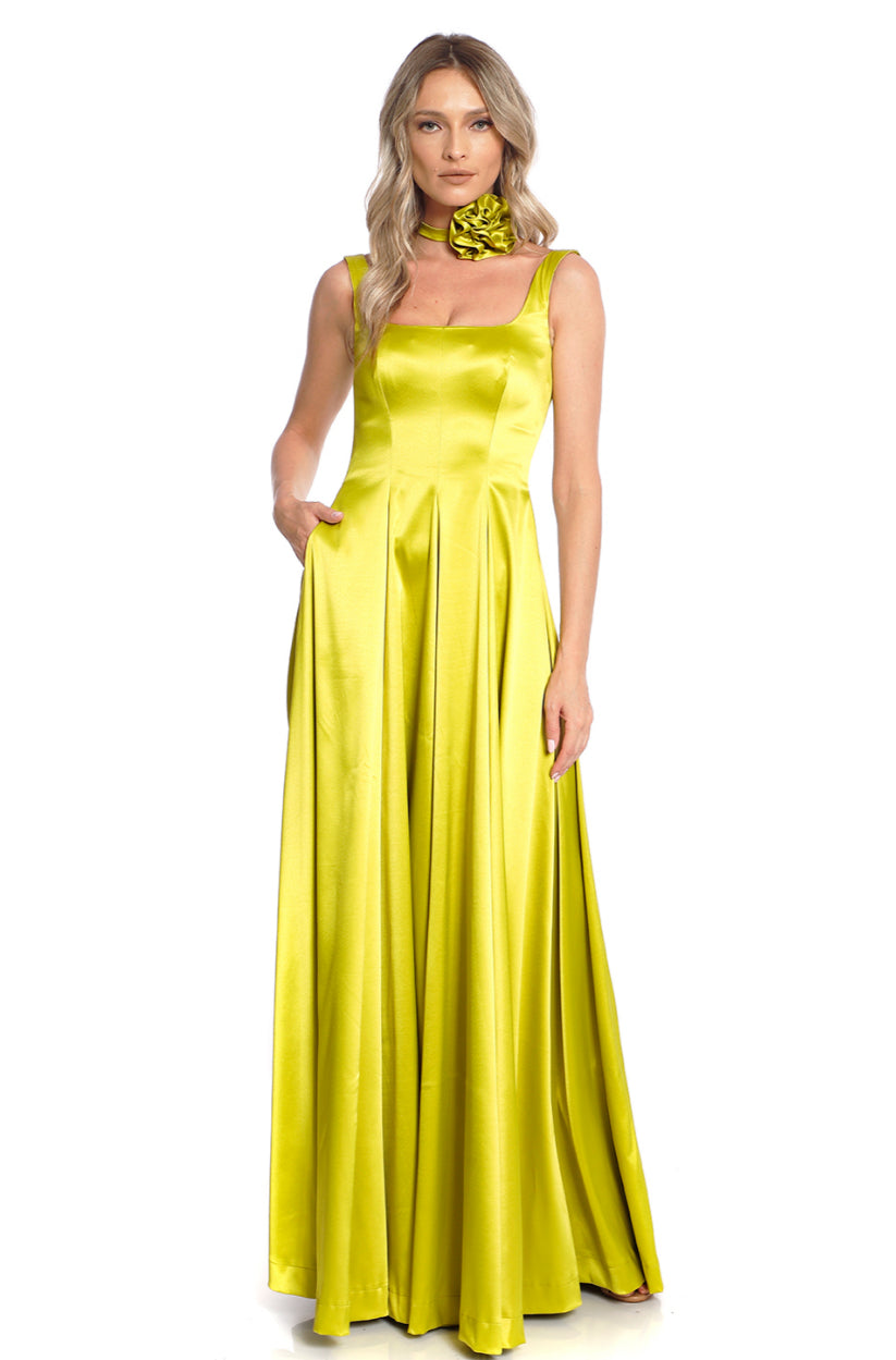 Rochie maxi lime din satin Vienne
