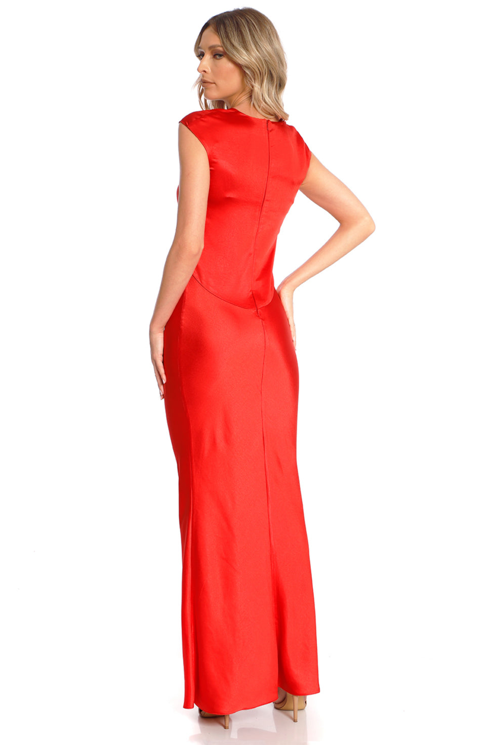 Rochie maxi din satin rosu coral Cali