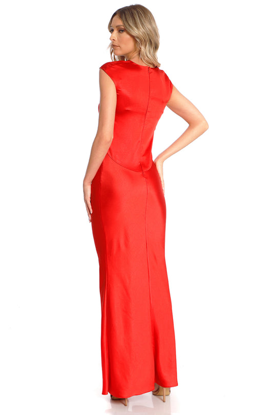Rochie maxi din satin rosu coral Cali