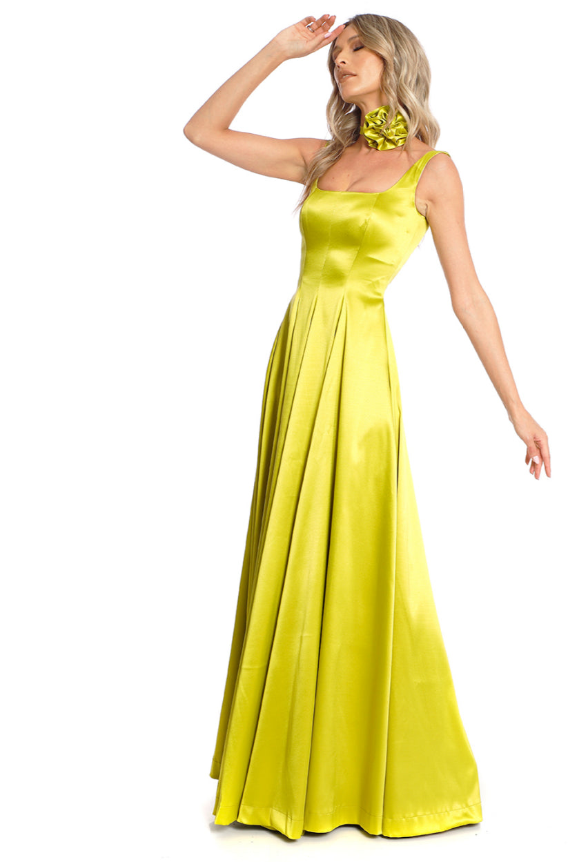 Rochie maxi lime din satin Vienne