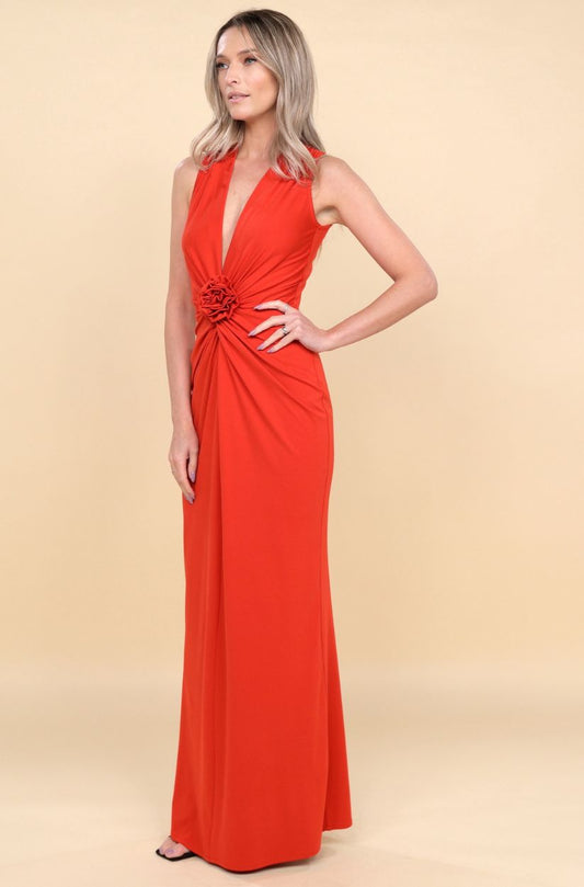 Rochie Mallorca rosie maxi fara maneci cu floare decorativa