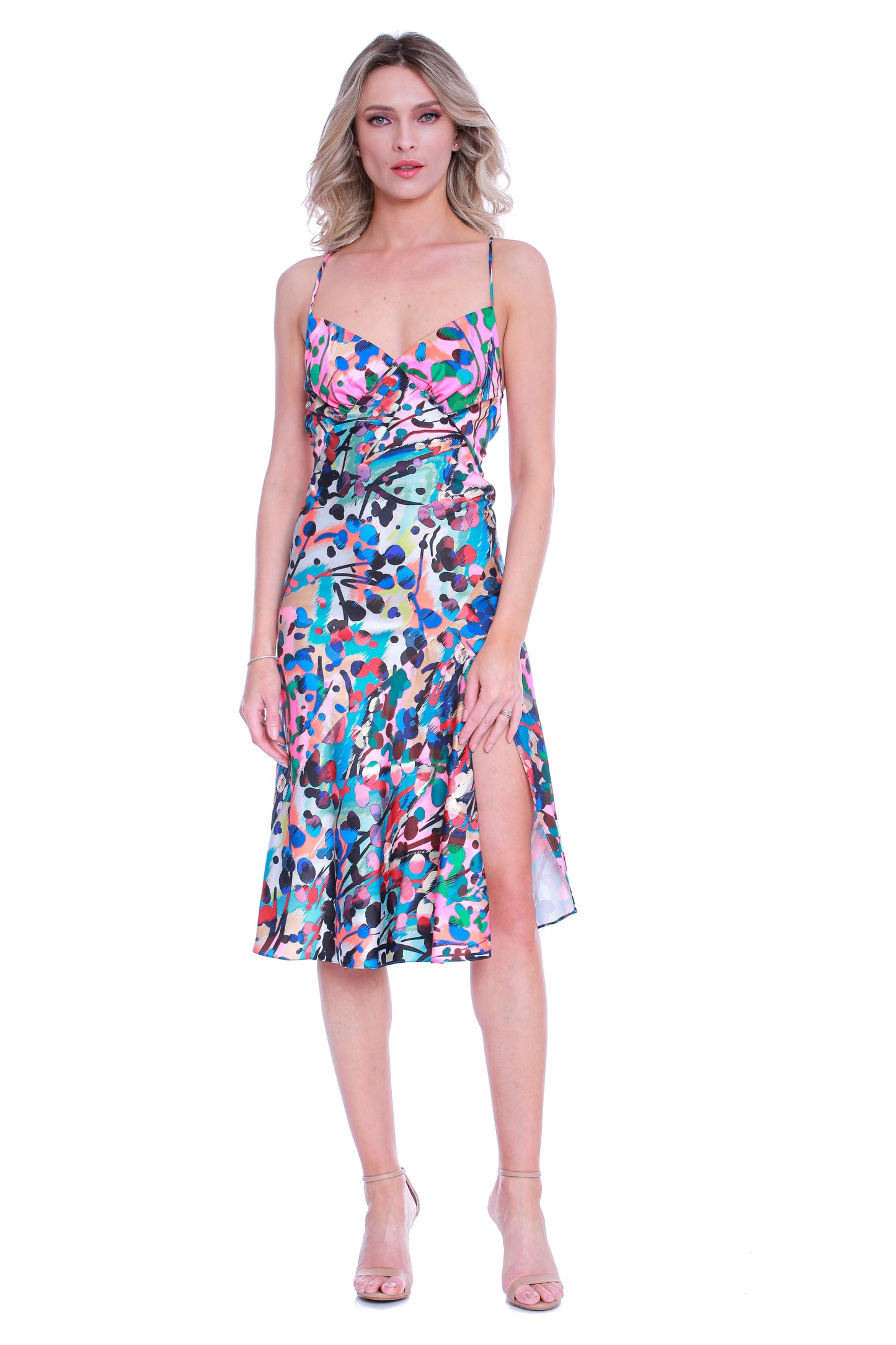 Rochie midi din satin cu crapatura Seville si print Barcelona