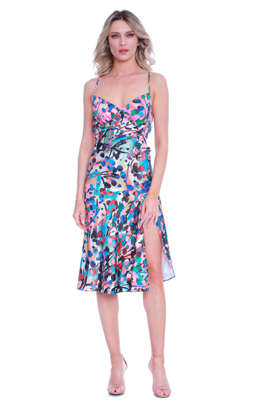 Rochie midi din satin cu crapatura Seville si print Barcelona