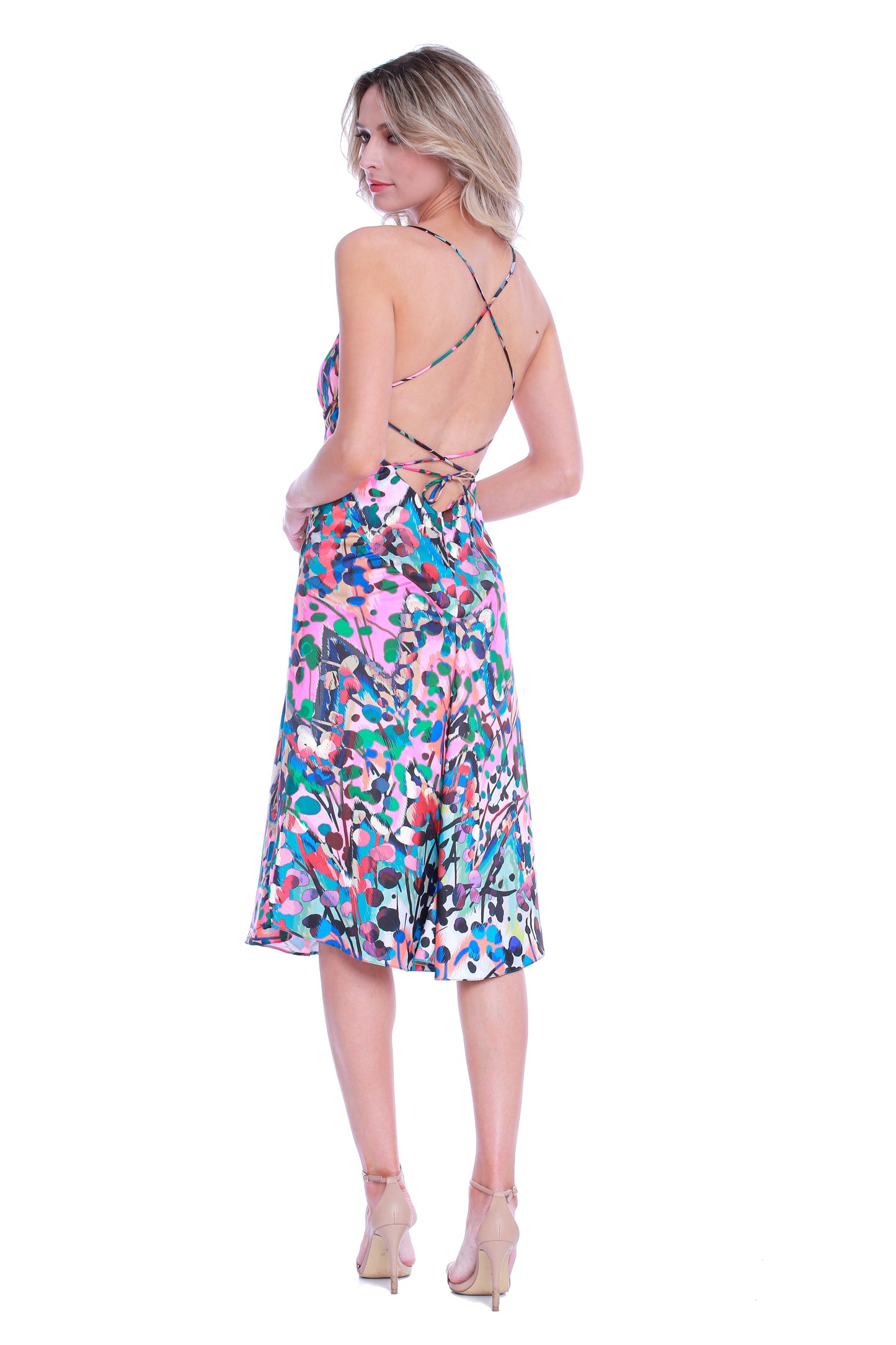 Rochie midi din satin cu crapatura Seville si print Barcelona