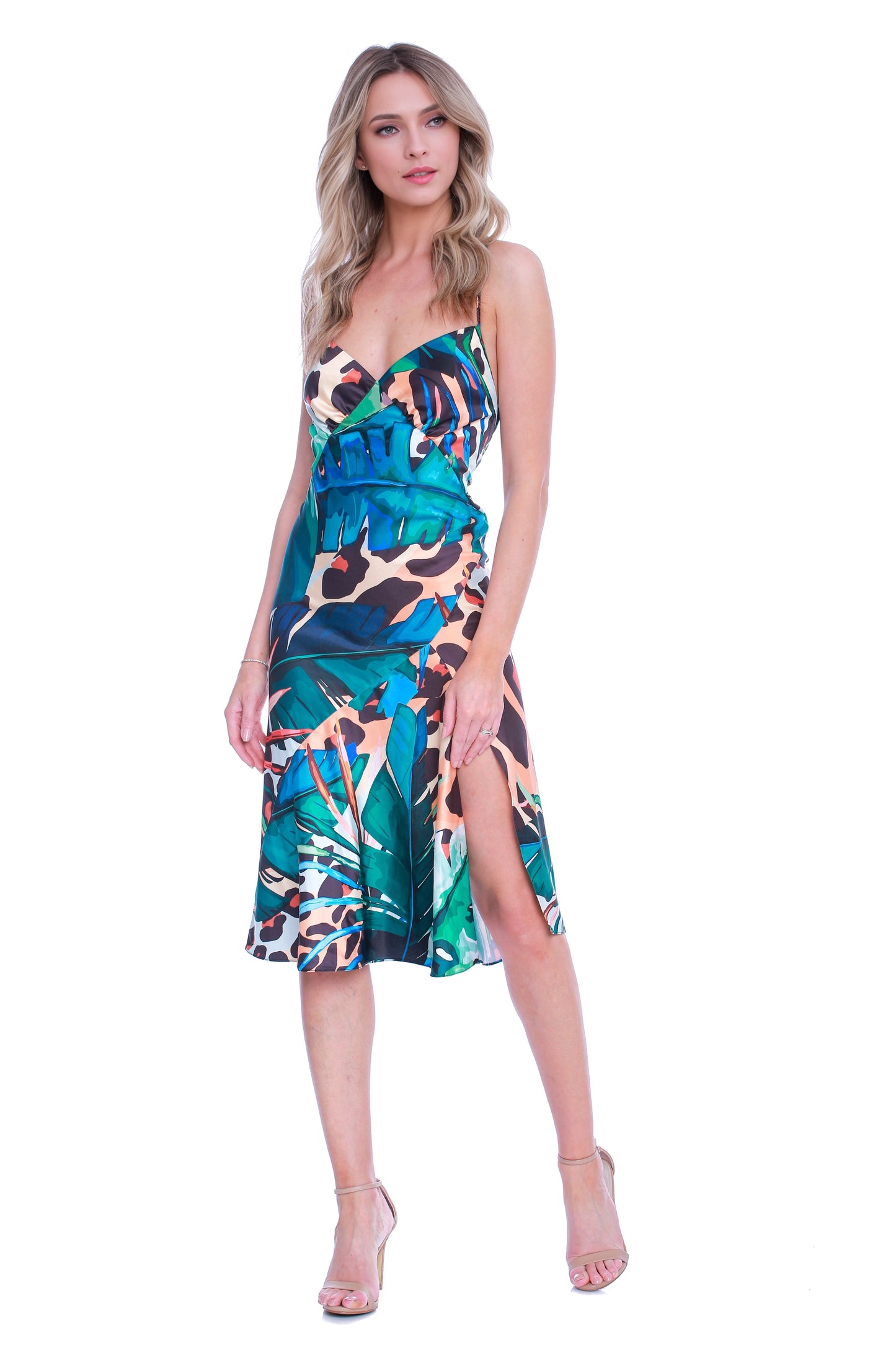 Rochie midi din satin cu print Amazon