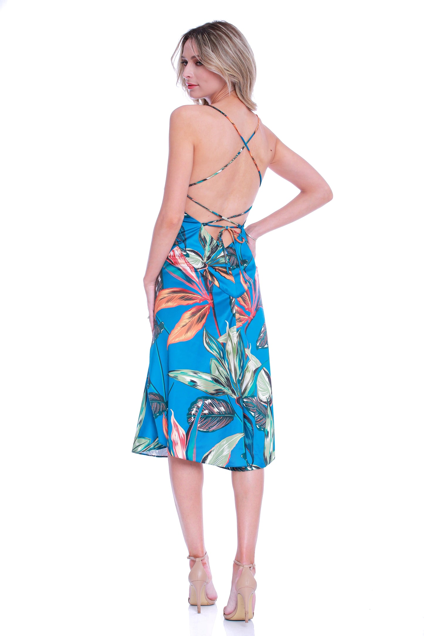 Rochie midi din satin cu crapatura Seville si print Costa Rica