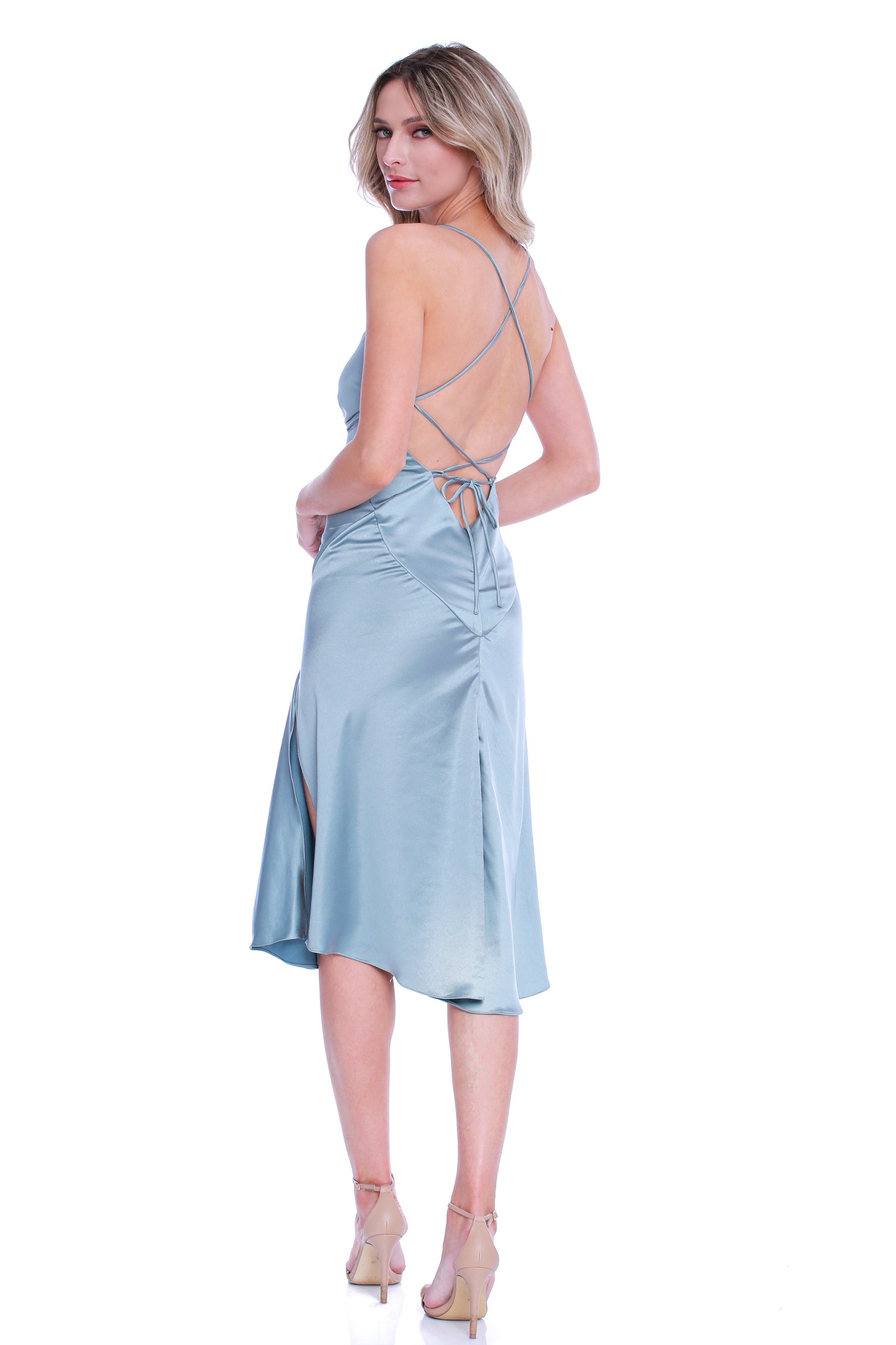 Rochie midi verde gri din satin cu crapatura Seville