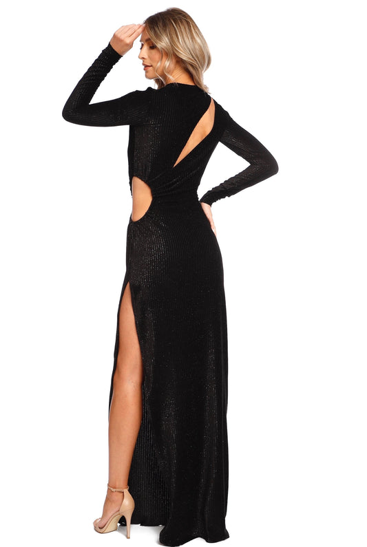 Rochie lunga neagra din catifea cu sclipici si decupaje Mykonos