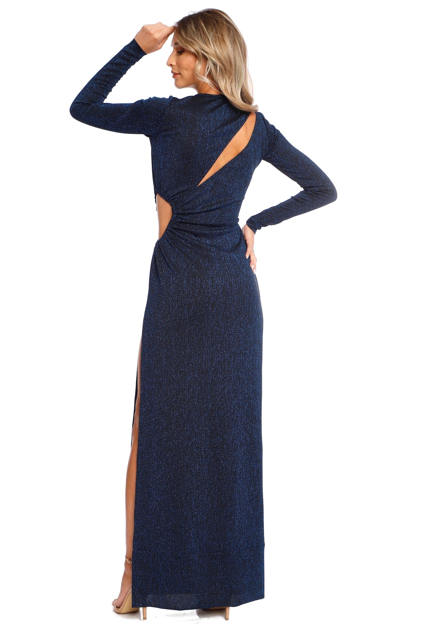 Rochie lunga bleumarin din jerseu cu sclipici si decupaje Mykonos