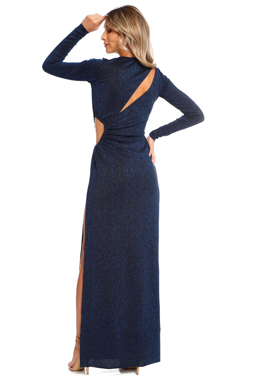 Rochie lunga bleumarin din jerseu cu sclipici si decupaje Mykonos