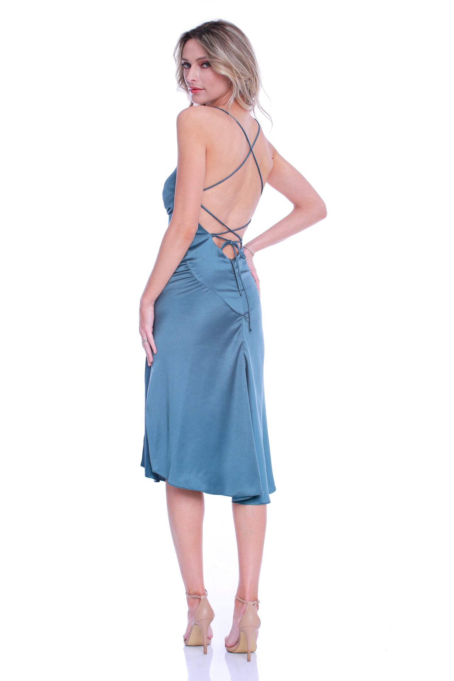 Rochie midi din satin verde inchis cu crapatura Seville