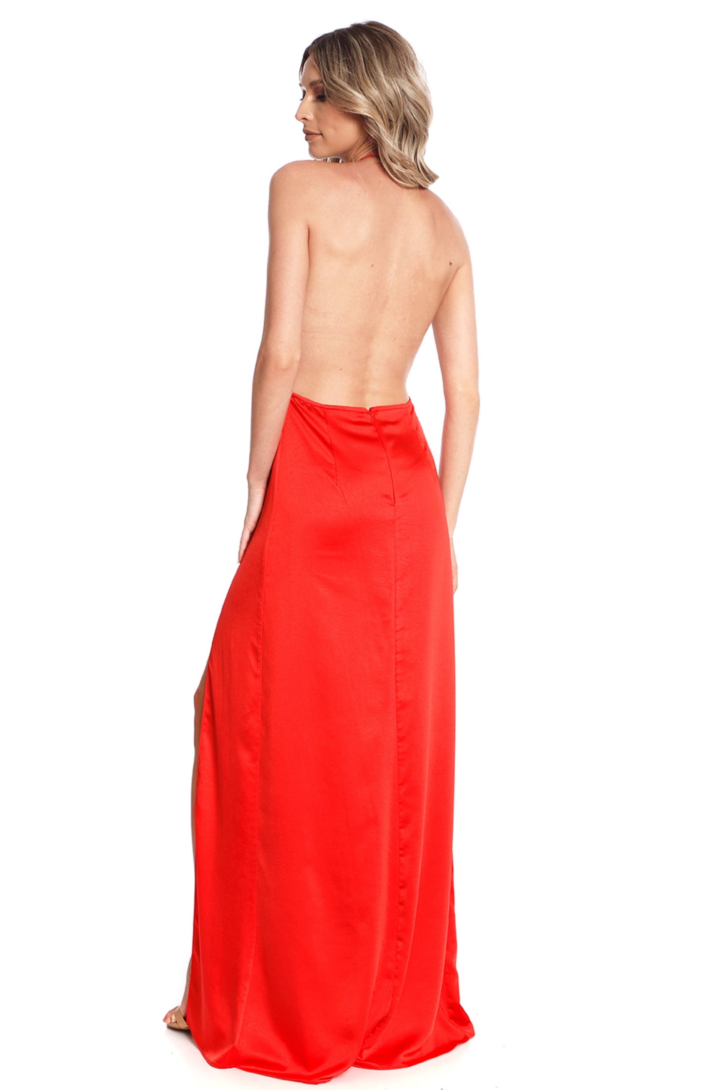 Rochie maxi din satin rosu cu crapatura Havana