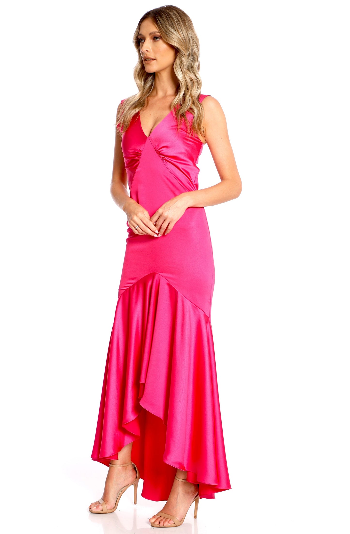 Rochie maxi Fuchsia cu volan din satin Tango