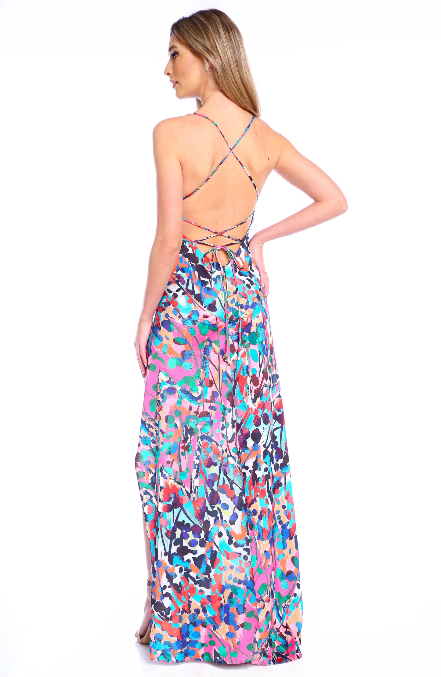 Rochie lunga din satin cu crapatura Seville cu print Barcelona