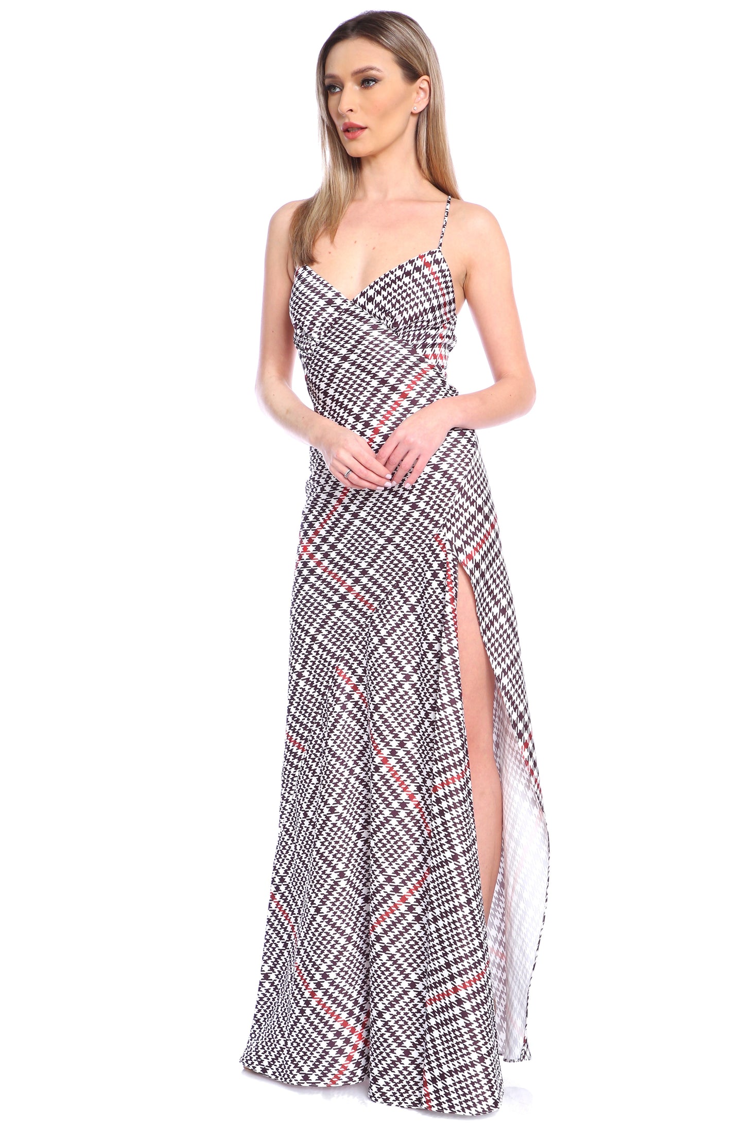 Rochie lunga din satin cu crapatura Seville cu print London