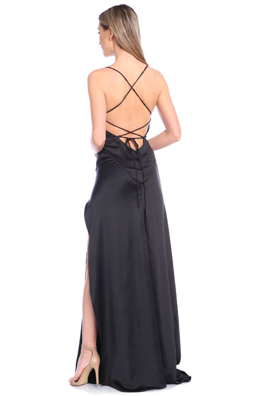 Rochie neagra lunga din satin cu crapatura Seville